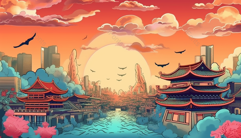 国潮风山水建筑意境插画手绘图,插画/手绘图,插画/手绘图库,插画/手绘图下载,插画/手绘